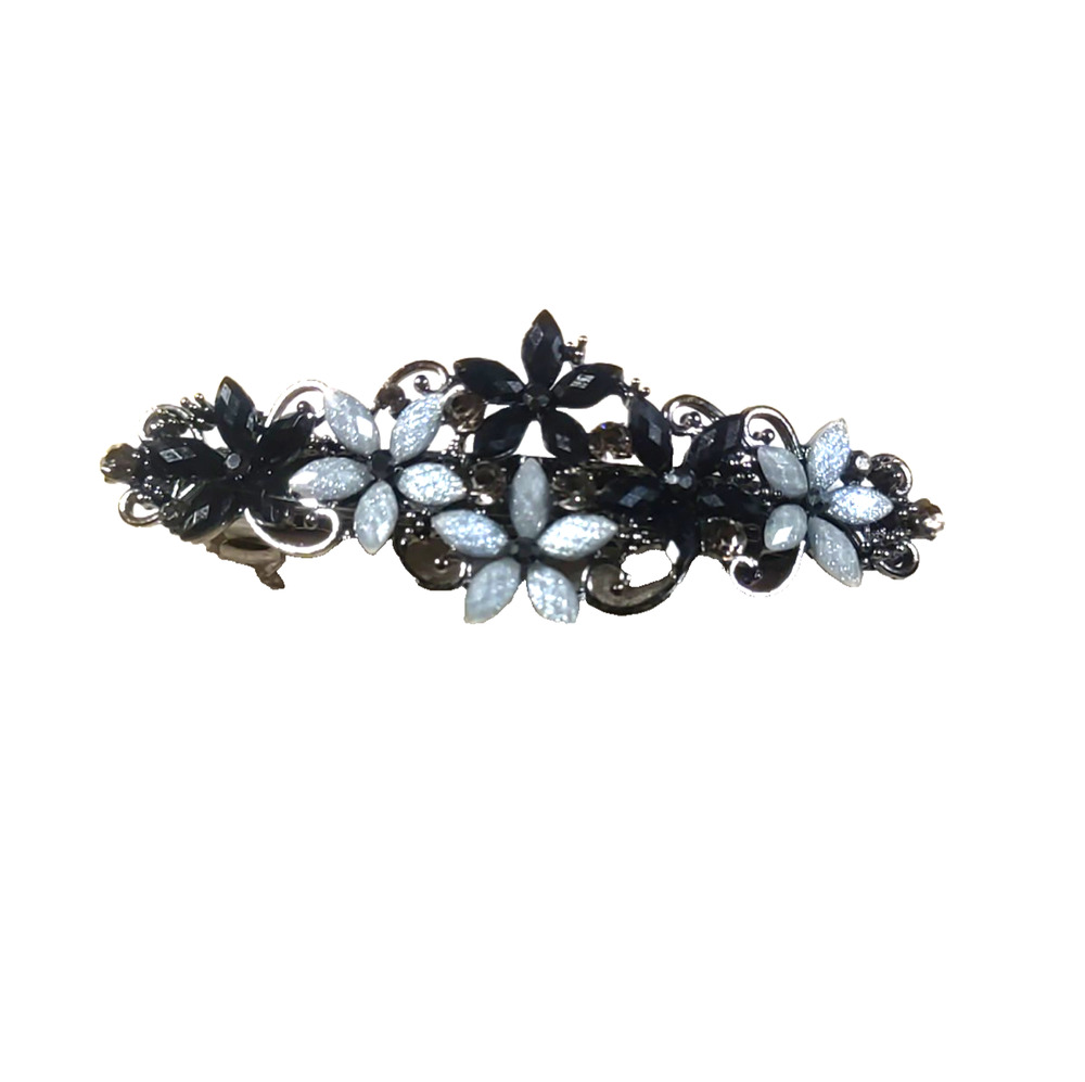 Hair Barrette Tension Clip Black Gray Rhinestone Flowers Black Metal